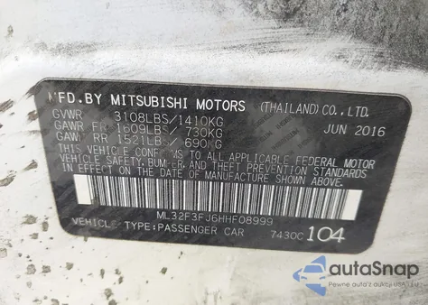 2017 Mitsubishi Mirage G4 Es z USA, uszkodzony, nr VIN ML32F3FJ6HHF08999